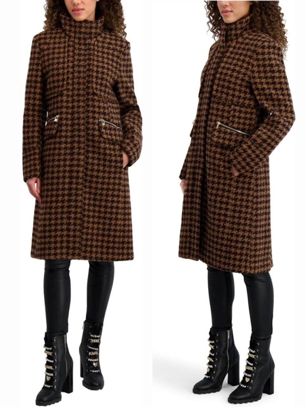 Karl Lagerfeld Paris Houndstooth Boucle Walker Coat Brown Wool Blend Zip Front